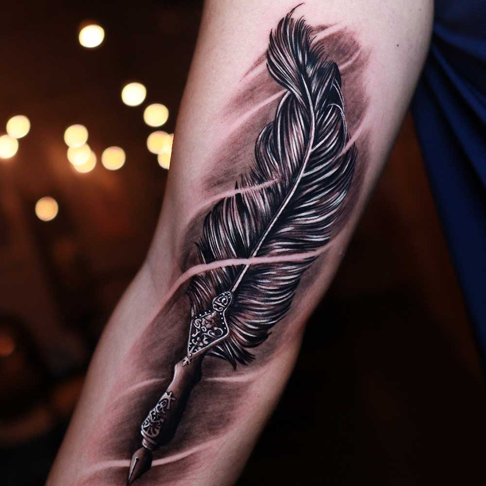 Tattoo uploaded by Eric Artistica • Added feather pen and ink to my client  sleeve. More to go for this sleeve. 😁🙏🏻 #tattoo #tattoos #tattooed  #tattoolover #ilovetattoos #sgtattoo #singaporetattoo #bodyart  #nopainnogain #blackandgreytattoo #